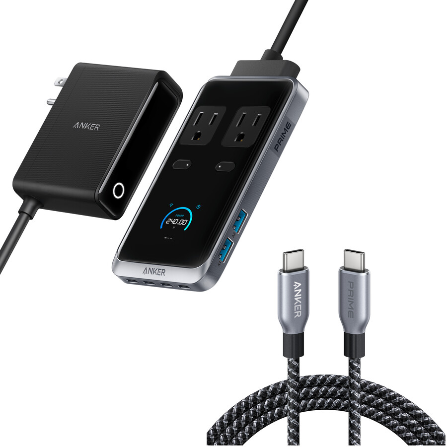 stacja ładująca anker prime 8 w 1 240 w i kabel anker prime usb-c do usb-c 240 w pleciony z recyklingu