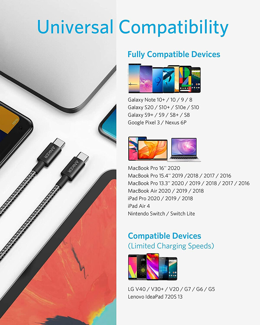 nowy nylonowy kabel usb-c do usb-c 100 w 10 stóp 2 sztuki