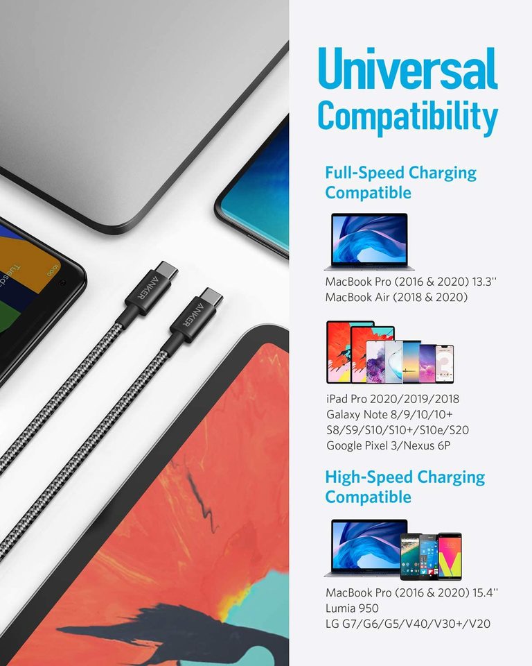zestaw 2 kabli anker new nylon usb-c do usb-c 3 stopy 6 stóp 60 w