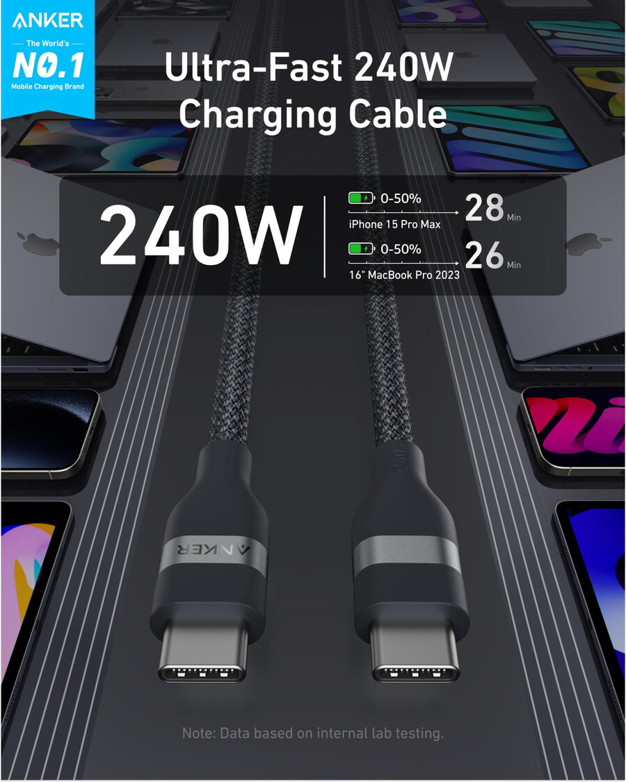 Ładowarka anker prime 100 w 3 porty gan i kabel anker usb-c do usb-c 3 stopy 6 stóp 240 w pleciony z recyklingu