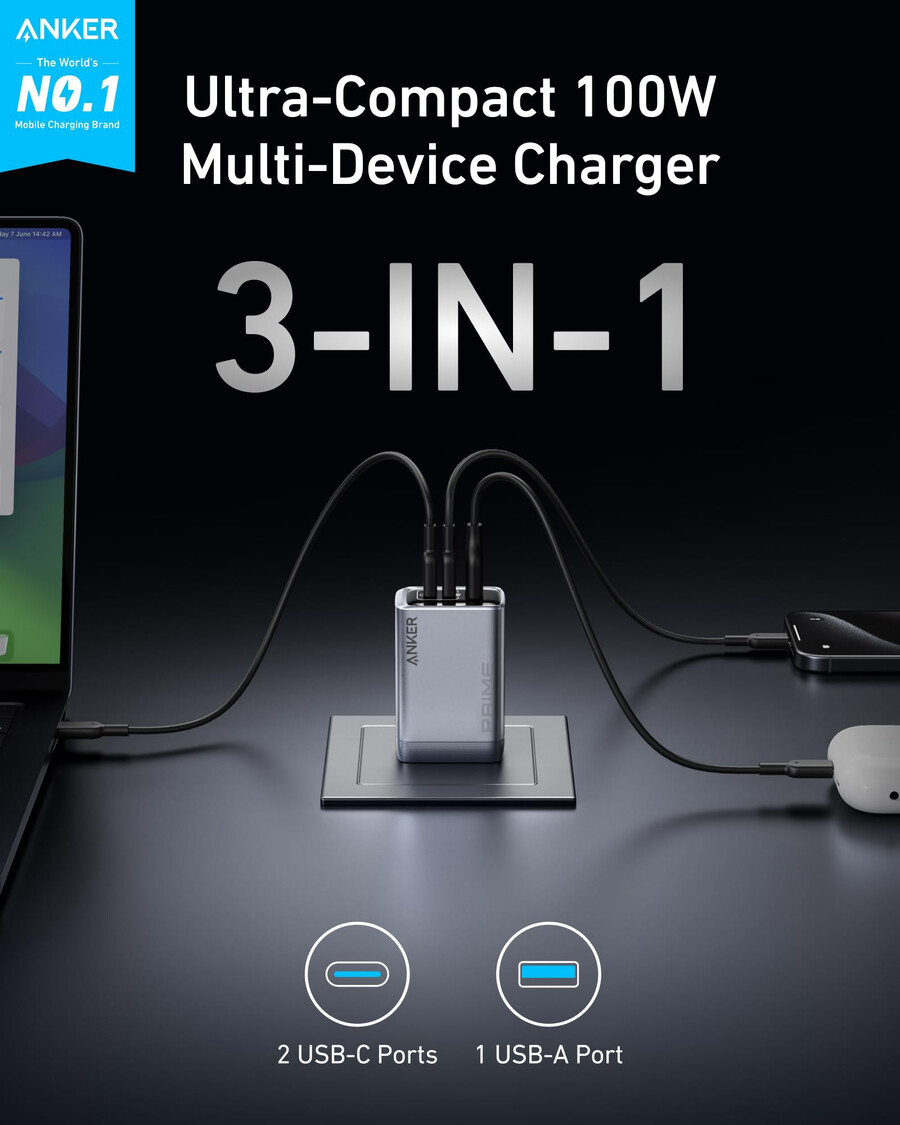 Ładowarka anker prime 100 w 3 porty gan i kabel anker prime usb-c do usb-c 240 w pleciony z recyklingu