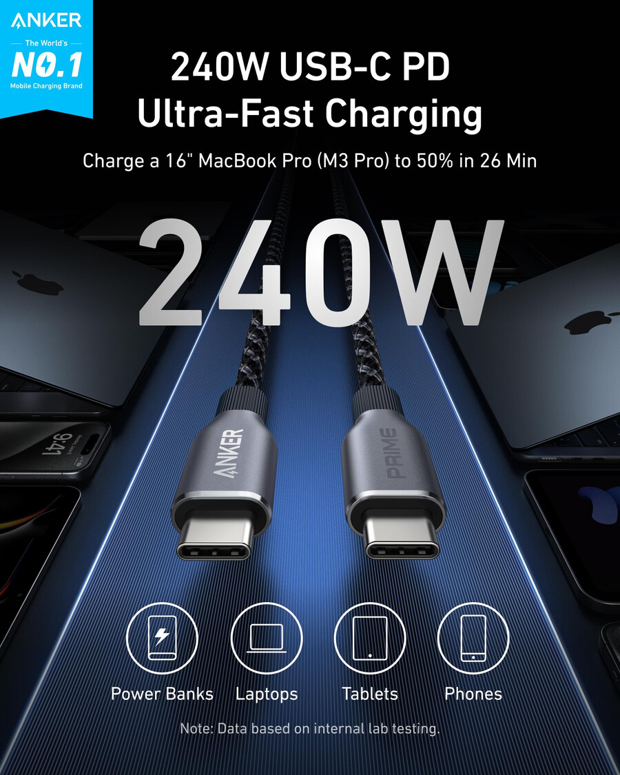 Ładowarka anker prime 100 w 3 porty gan i kabel anker prime usb-c do usb-c 240 w pleciony z recyklingu