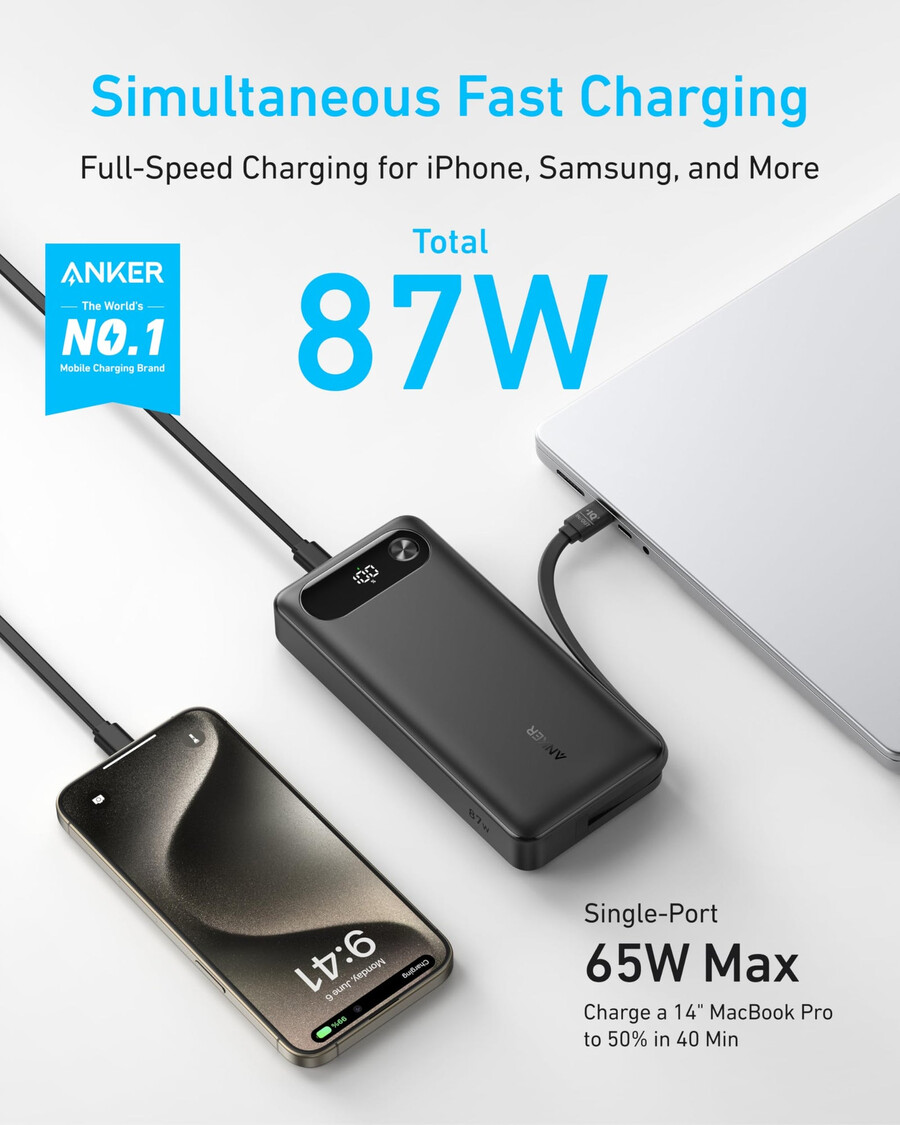 powerbank anker 20 tys. 87 w wbudowany kabel usb-c