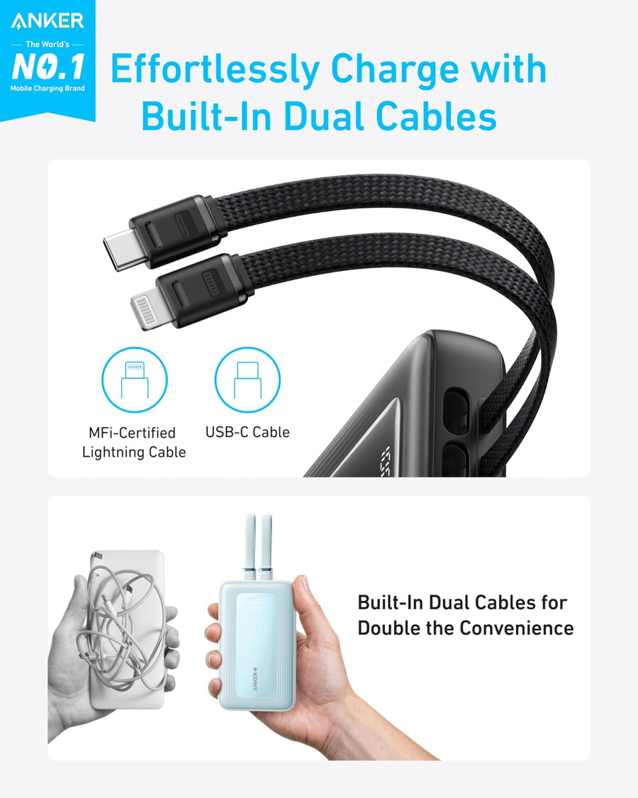 powerbank anker zolo 20 tys. wbudowany kabel usb-c i lightning