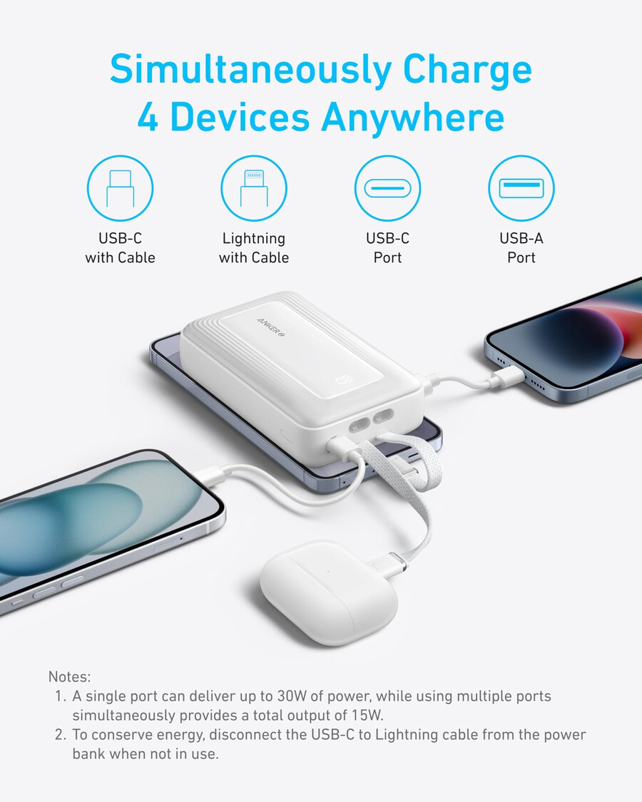 powerbank anker zolo 20 tys. wbudowany kabel usb-c i lightning