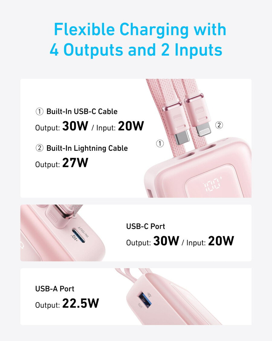 powerbank anker zolo 20 tys. wbudowany kabel usb-c i lightning