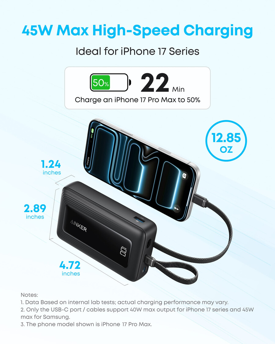 powerbank anker zolo 20 tys. wbudowany kabel usb-c i lightning