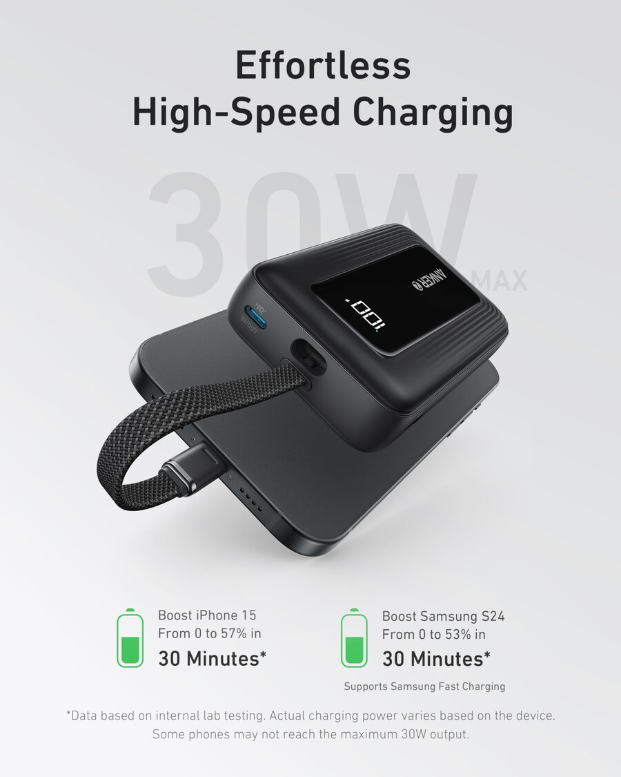 power bank anker zolo 10k 30w z wbudowanym kablem usb-c o długości 54 cala 137 cm.