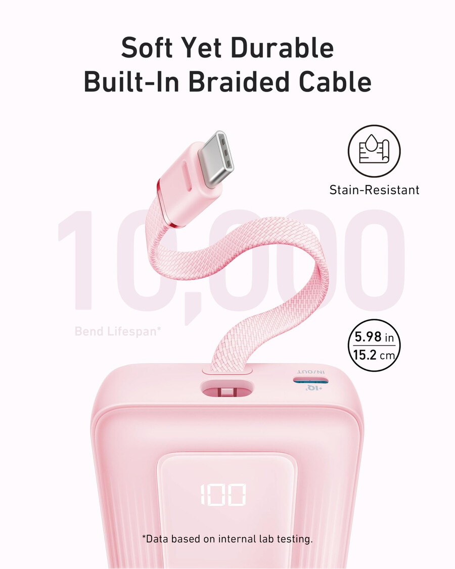 power bank anker zolo 10k 30w z wbudowanym kablem usb-c o długości 54 cala 137 cm.