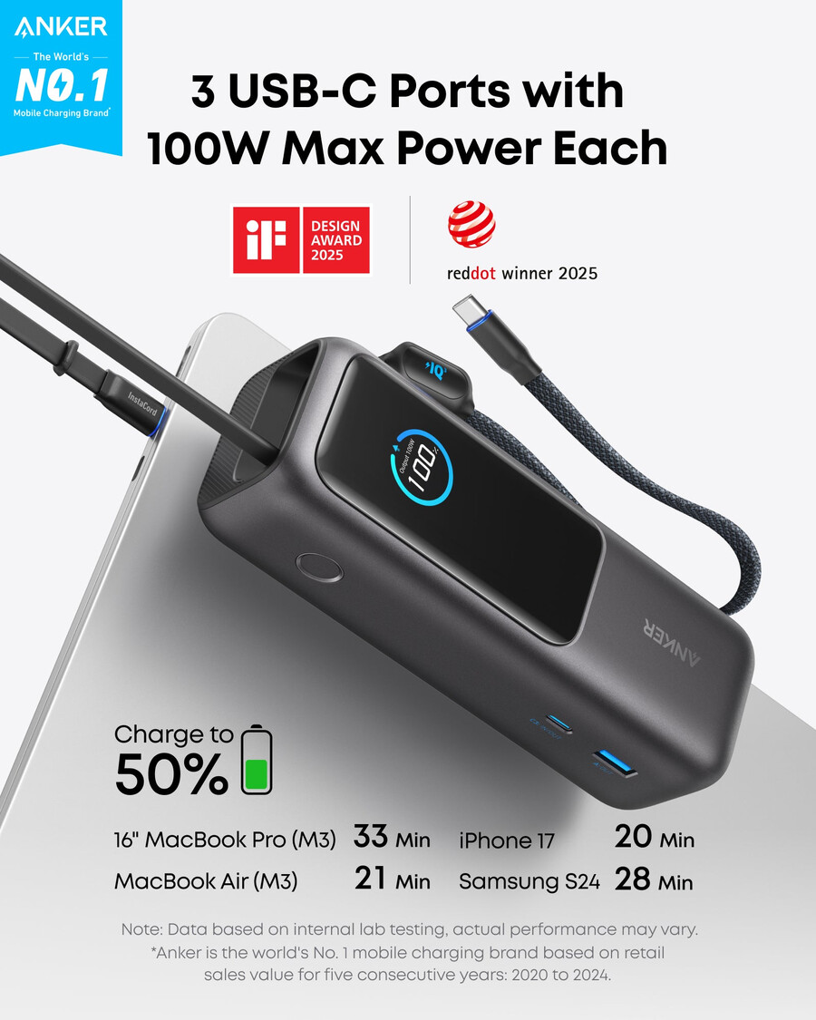 powerbank do laptopa anker 25 tys. 165 w wbudowany i chowany kabel